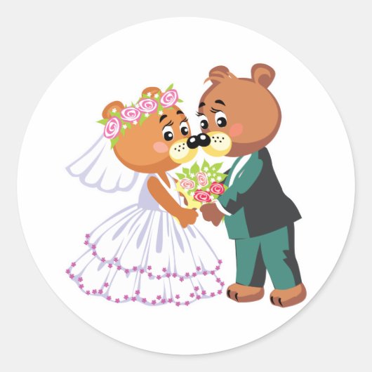 可愛い新郎新婦テディベア結婚ズ ラウンドシール (正面)