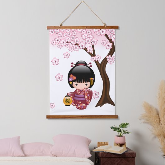 可愛い日本の芸者さんこけし人形 吊り下げ型タペストリー (寝室)