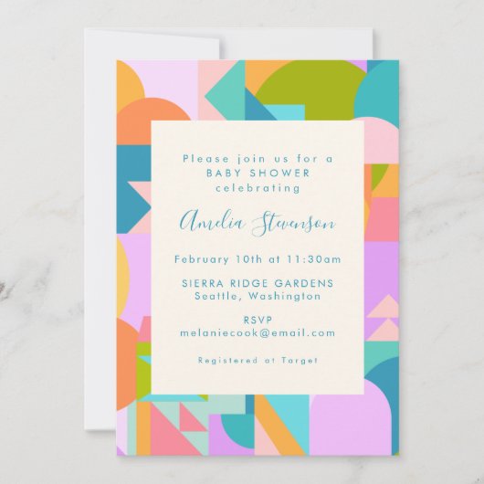 可愛い明るいカラフル幾何学的なシェイプ赤ちゃんシャワー 招待状 (正面)