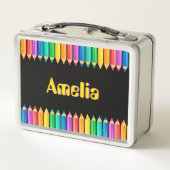 可愛い明るいレインボーカラーペンシルキッズ名 メタルランチボックス (裏面)