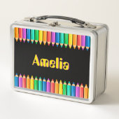 可愛い明るいレインボーカラーペンシルキッズ名 メタルランチボックス (正面)