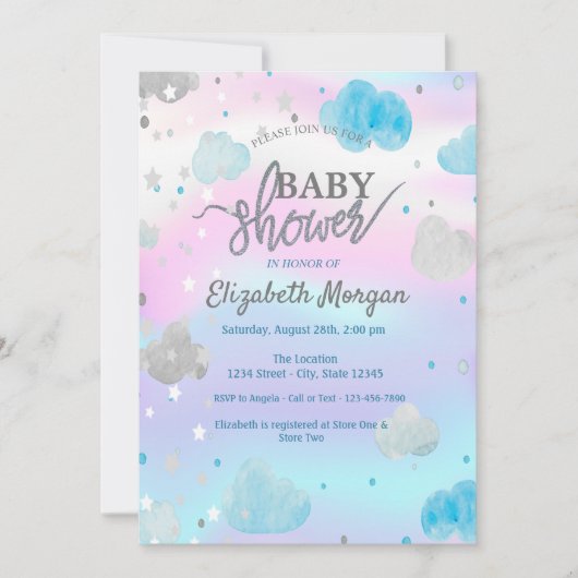 可愛い星と雲ホログラフィックベイビーシャワー 招待状 (正面)