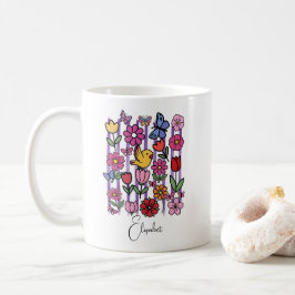 可愛い春の庭のマグカップ 花 ちょうちょ 鳥 コーヒーマグカップ