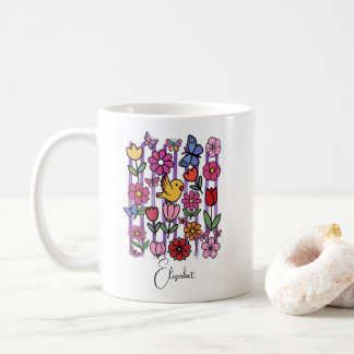 可愛い春の庭のマグカップ 花 ちょうちょ 鳥 コーヒーマグカップ