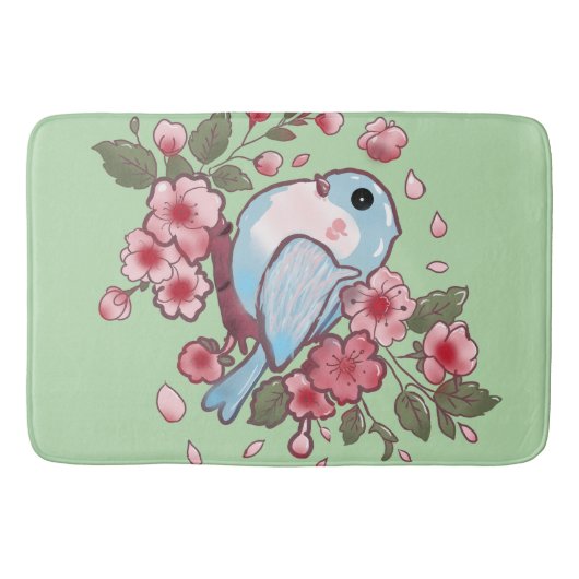 可愛い春の青い鳥と桜の水彩画 A バスマット (正面)