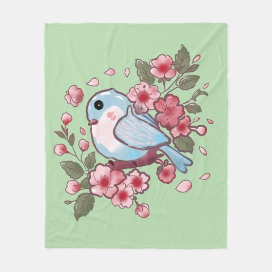 可愛い春の青い鳥と桜の水彩画 A フリースブランケット (正面)