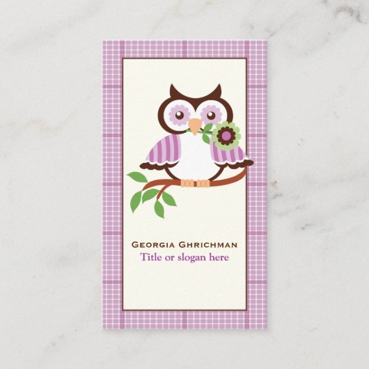 可愛い春フクロウの枝に紫色のプライド縁ど 名刺 (正面)