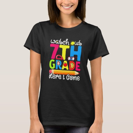 可愛い時計アウト7年生の最初の日の学校 Tシャツ (正面)
