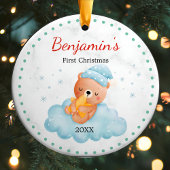 可愛い最初のベビークリスマステディベア青 セラミックオーナメント