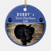 可愛い最初の子犬のクリスマスポーブルードッグ写真 セラミックオーナメント (正面)