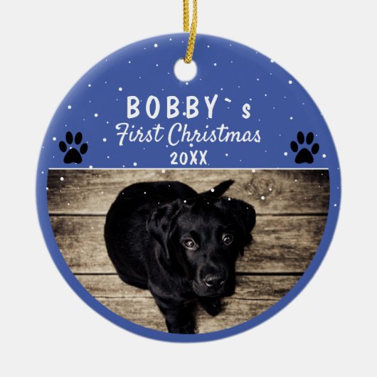 可愛い最初の子犬のクリスマスポーブルードッグ写真 セラミックオーナメント (正面)