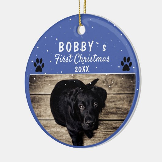 可愛い最初の子犬のクリスマスポーブルードッグ写真 セラミックオーナメント (左)
