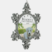 可愛い最初の子犬ペットクリスマスフォト スノーフレークピューターオーナメント (左)