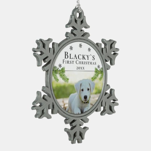 可愛い最初の子犬ペットクリスマスフォト スノーフレークピューターオーナメント (左)