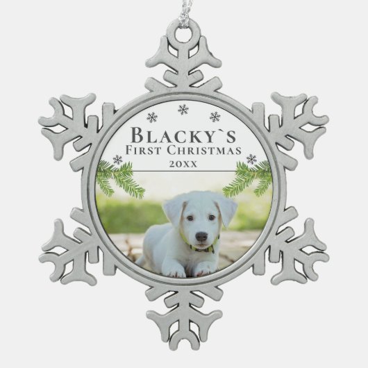 可愛い最初の子犬ペットクリスマスフォト スノーフレークピューターオーナメント (正面)