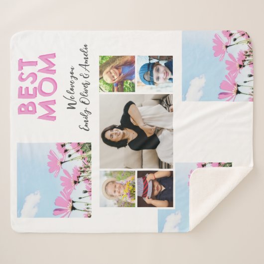 可愛い最高のお母さんピンクの花5フォトコラージュ シェルパブランケット (正面(横))