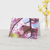 可愛い木の雀がさくらんぼ カード (黄色い花)