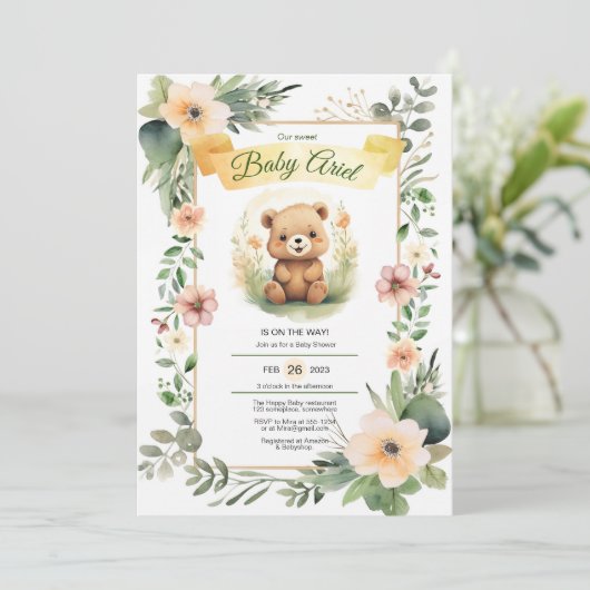 可愛い木版花クマ赤ちゃんシャワー招待 招待状 (スタンド正面)