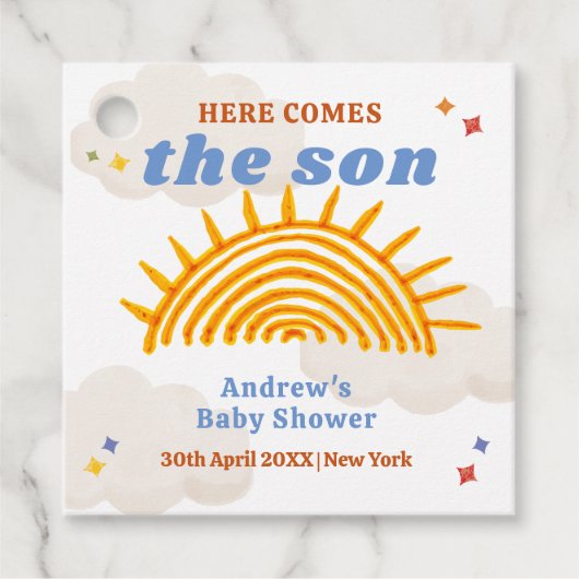 可愛い来ここの息子サンシャインベイビーシャワー フェイバータグ (正面)