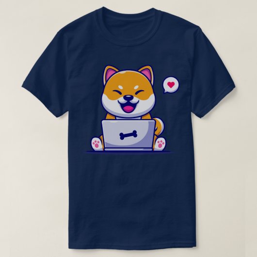 可愛い柴犬犬がラップトップCartoonで作業1 Tシャツ (デザイン正面)