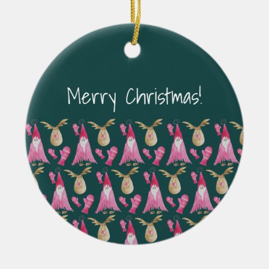 可愛い格言とピンク手袋トナカイ セラミックオーナメント (正面)