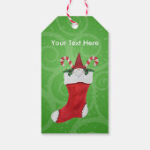 可愛い格言の赤いクリスマスストッキング緑の渦巻き ギフトタグ (裏面)
