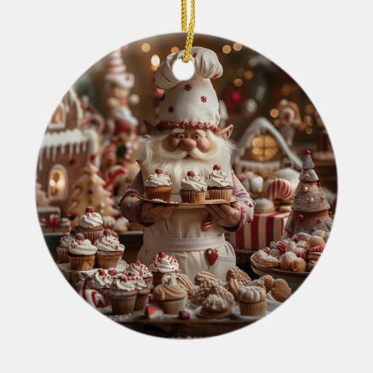 可愛い格言パン屋でケーキやお菓子に囲まれた セラミックオーナメント (正面)