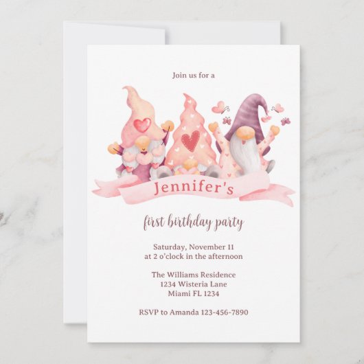 可愛い格言ピンクファースト誕生日パーティー 招待状 (正面)