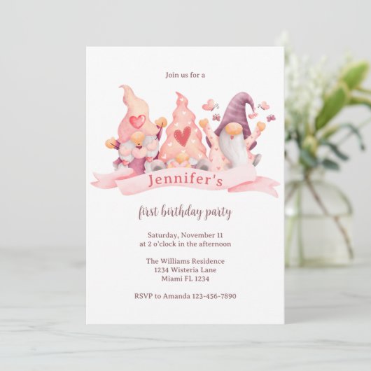 可愛い格言ピンクファースト誕生日パーティー 招待状 (スタンド正面)