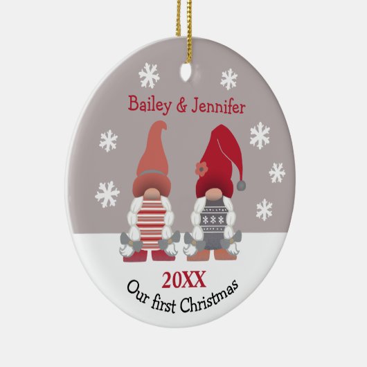 可愛い格言私たちの初めてのクリスマス赤ピンクグレー セラミックオーナメント (右)