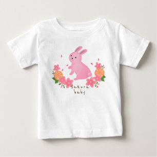 可愛い桜とピンクのうさぎ 日本 和風 cherry blossoms ベビーTシャツ