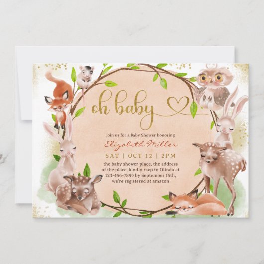 可愛い森の森の動物ああ赤ちゃん女の子シャワー 招待状 (正面)