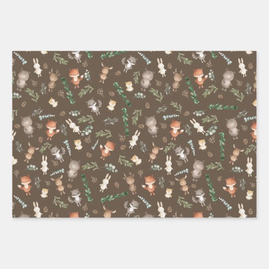 可愛い森林動物の森の緑の赤ちゃんシャワー ラッピングペーパーシート (正面2)