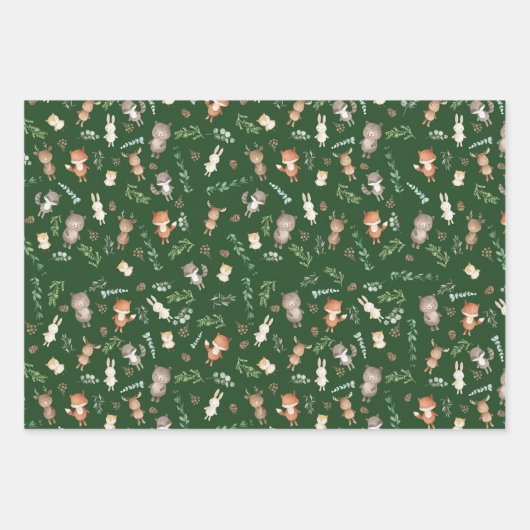 可愛い森林動物の森の緑の赤ちゃんシャワー ラッピングペーパーシート (正面)