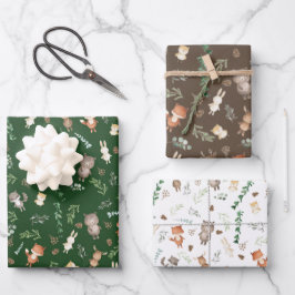 可愛い森林動物の森の緑の赤ちゃんシャワー ラッピングペーパーシート