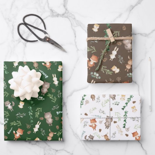 可愛い森林動物の森の緑の赤ちゃんシャワー ラッピングペーパーシート (正面)