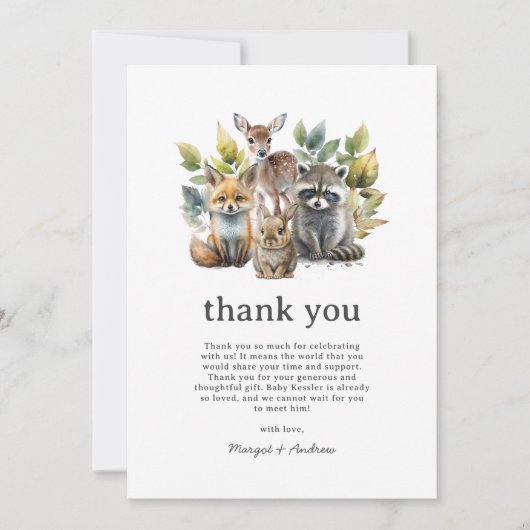 可愛い森林動物の赤ちゃんシャワー サンキューカード (正面)