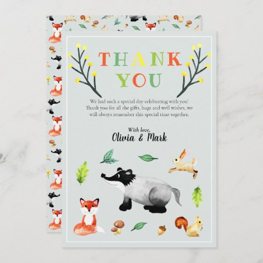 可愛い森林動物の赤ちゃんシャワー サンキューカード (正面/裏面)