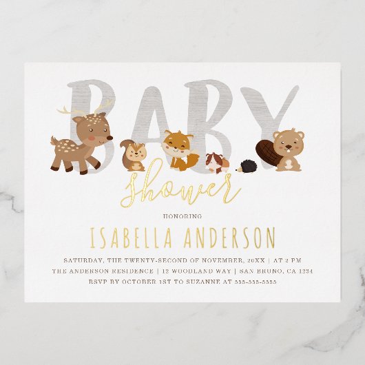 可愛い森林動物 |赤男女兼用ちゃんシャワー 箔招待状ポストカード (正面)