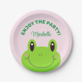 可愛い楽しむピンク色のパーティーカエル ペーパープレート (正面)