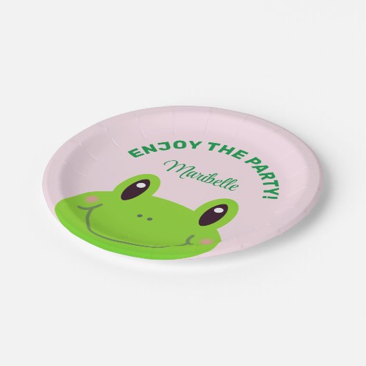 可愛い楽しむピンク色のパーティーカエル ペーパープレート (アングル)