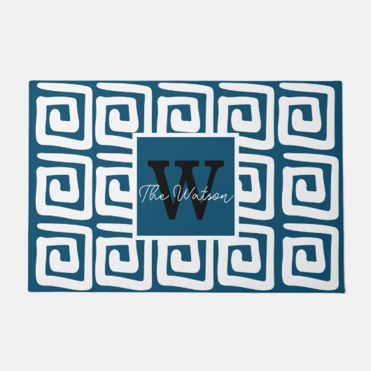 可愛い模様ネイビーブルーギリシャ鍵モノグラムモダン ドアマット (正面)