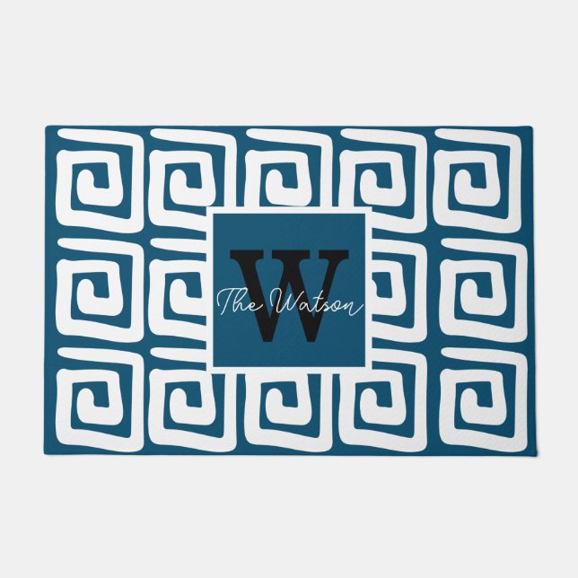 可愛い模様ネイビーブルーギリシャ鍵モノグラムモダン ドアマット (正面)