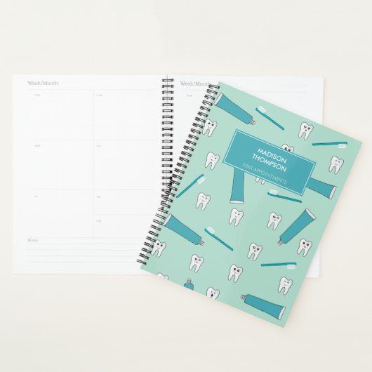 可愛い歯ティール（緑がかった色）ミント歯磨き歯ブラシ柄 プランナー手帳 (ディスプレー)