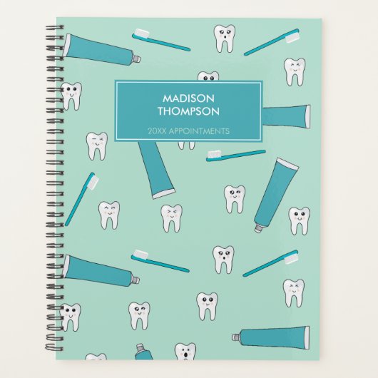 可愛い歯ティール（緑がかった色）ミント歯磨き歯ブラシ柄 プランナー手帳 (正面)