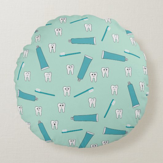 可愛い歯ティール（緑がかった色）ミント歯磨き歯ブラシ柄 ラウンドクッション (正面)