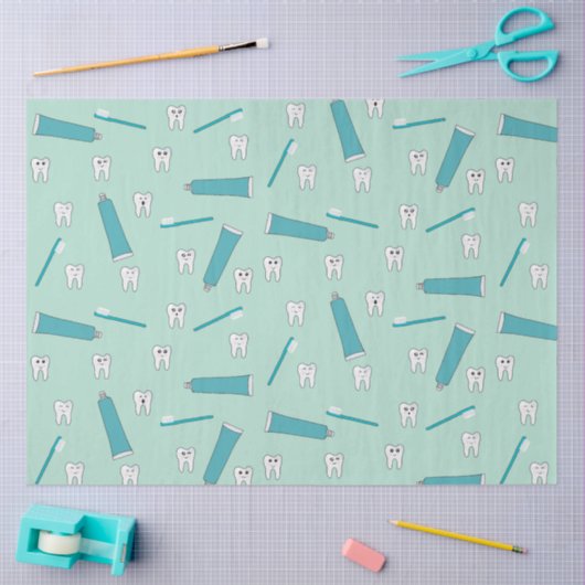 可愛い歯ティール(緑がかった色)ミント歯磨き歯ブラシ柄 薄葉紙 (クラフト)