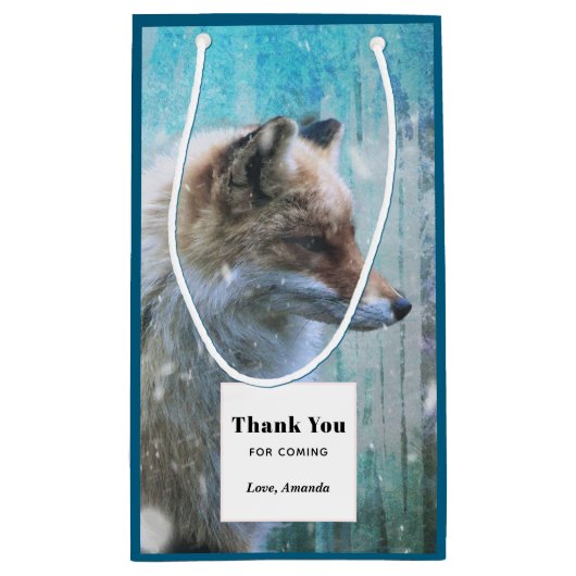 可愛い毛皮のキツネを青グランジ背景ありがとう スモールペーパーバッグ (裏面)