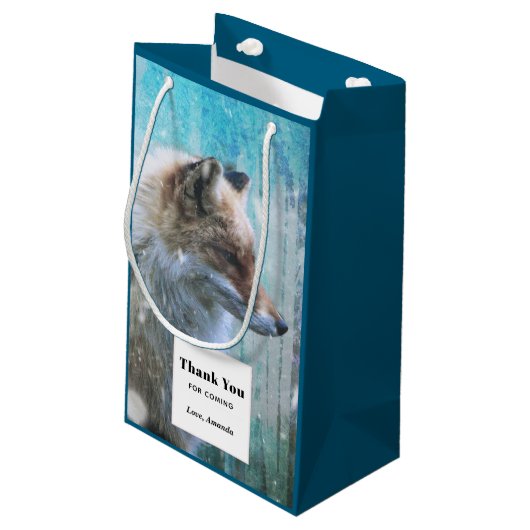 可愛い毛皮のキツネを青グランジ背景ありがとう スモールペーパーバッグ (裏面アングル)