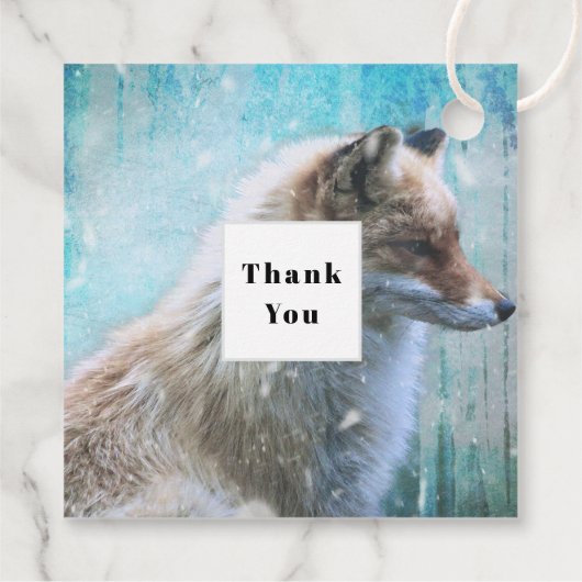 可愛い毛皮のキツネを青グランジ背景ありがとう フェイバータグ (裏面)